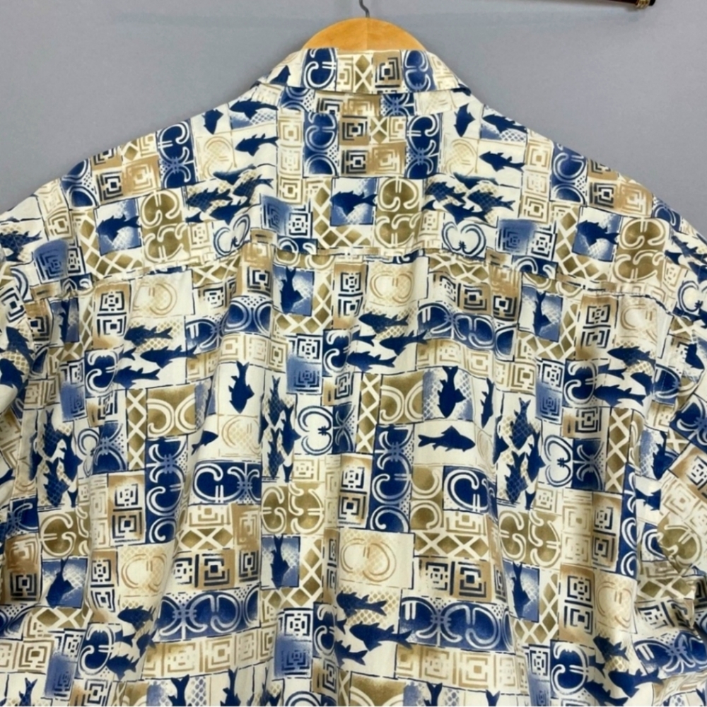 Vintage Abstract Hawaiian Print‎ Shirt Short Sleeves Men's Blue Beige Cream Fish